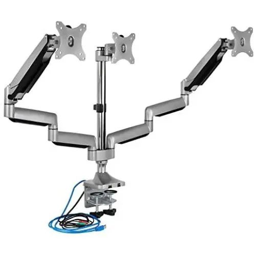 Mount-It! Triple Monitor Mount | Desk Stand with USB and Audio Ports | 3 Counter-Balanced Gas Spring Height Adjustable Arms for Three 24 27 30 32 Inch VESA Screens | C-Clamp and Grommet Bases Included