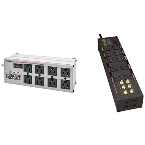 Tripp Lite Isobar 8 Outlet Surge Protector Power Strip, 12ft Cord, Right-Angle Plug & Isobar 10 Outlet Audio/Video Surge Protector Tel/Modem/Coax/Network 8ft Cord Right Angle Plug