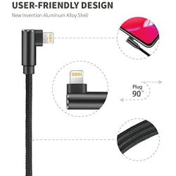90 Degree Right Angle iPhone Charger Cable Lightning Cable 3Pack 10ft Metal Nylon Braided Cord iPhone 12/11/ Pro/Max/X/XS/XR/XS Max/ 8/ Plus/7/7 Plus/6/6S-Black