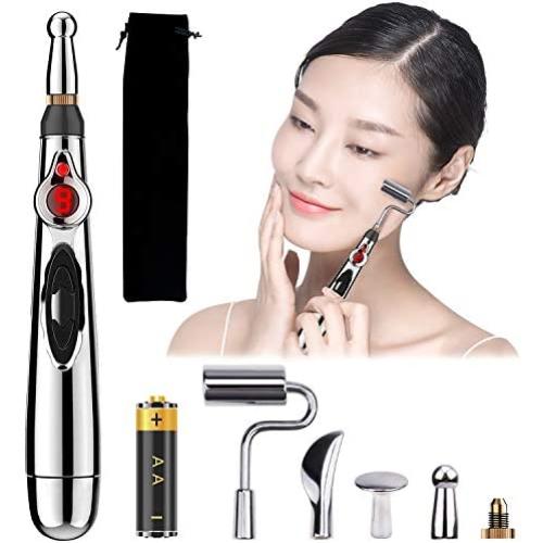 Acupuncture Pen 5 in 1, Electronic Pulse Massage Pen with 5 Heads, Electric Laser Meridian Massager with 9 Levels Adjustable, Acupoint Therapy Energy Pen Relief Pain with 1 AA Battery and Velvet Bag