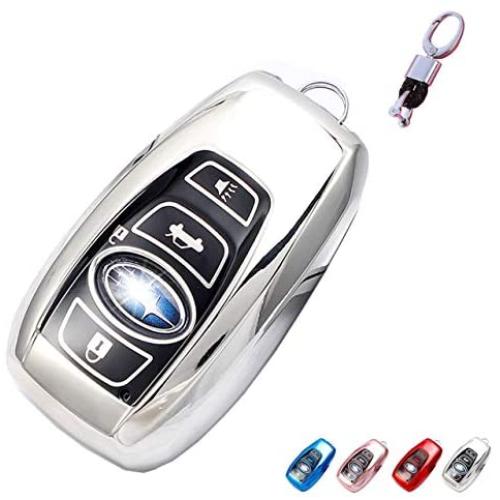 BINOWEN for Subaru Key Fob, TPU Key Shell Protector Shell Keyless Remote Control Smart Key Holder with Keychain Fit for 2018 2019 2020 Subaru WRX Outback Ascent Forester Crosstrek Keys (Silver)