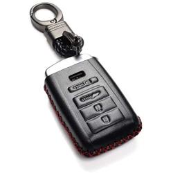 Vitodeco Genuine Leather Smart Key Keyless Remote Entry Fob Case Cover with Key Chain for Acura RLX, Acura TLX, Acura ILX (4 Buttons, Black/Red)