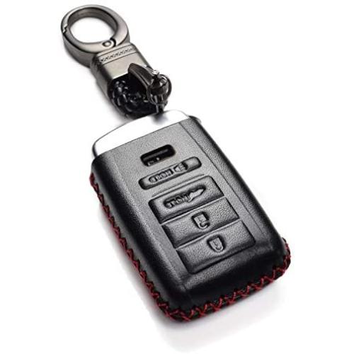 Vitodeco Genuine Leather Smart Key Keyless Remote Entry Fob Case Cover with Key Chain for Acura RLX, Acura TLX, Acura ILX (4 Buttons, Black/Red)