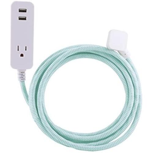 Cordinate Designer 1-Outlet 2-USB Charging Extension Cord with Surge Protection, Mint Braided Décor Fabric Cord, 10 ft, 2.4A USB Charging Ports, with Tamper Resistant Safety Outlets, 37918