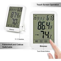 Brinonac Digital Hygrometer Home Office Electronic Thermometer Big LCD Touch Screen Time Clocker with Backlit Calander Clock Alarm