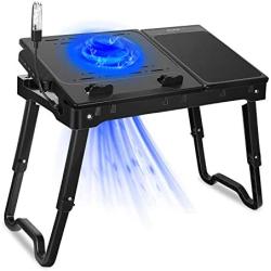 Laptop Desk, Laptop Table for Bed with Fan, Bed Desk for Laptop and Writing, with 4 Port USB Hub, Adjustable Light, Large Mouse Pad and Storage Box (Black)