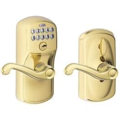 Schlage FE595 V PLY 505 FLA Plymouth Keypad Entry with Flex-Lock and Flair Style Levers, Bright Brass