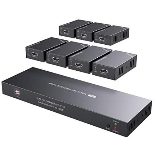 HDMI Extender Splitter 1x7 1080P@60Hz Over Cat 5E/6/7 Ethernet Cable 50m (164ft) Support HDMI loopout EDID Copy POC Function (1 in 7 Out)