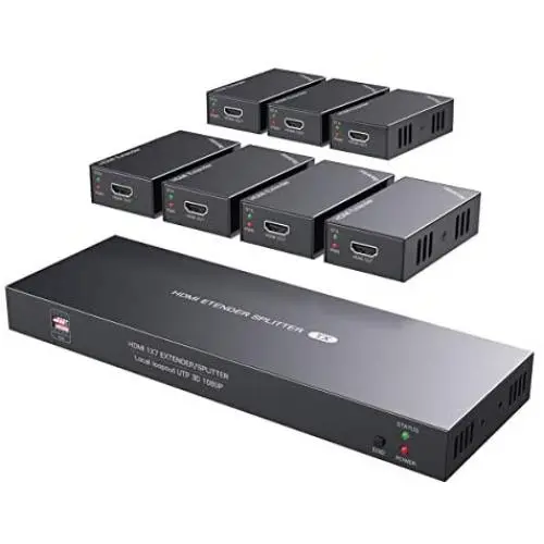 HDMI Extender Splitter 1x7 1080P@60Hz Over Cat 5E/6/7 Ethernet Cable 50m (164ft) Support HDMI loopout EDID Copy POC Function (1 in 7 Out)