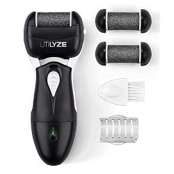 UTILYZE Most Powerful Rechargeable Electronic Foot File Wet & Dry Pedicure Tools Electric Callus Remover With Turbo-Boost Motor, 3 Rollers Included (Black)