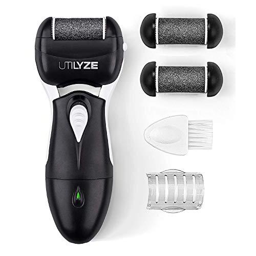 UTILYZE Most Powerful Rechargeable Electronic Foot File Wet & Dry Pedicure Tools Electric Callus Remover With Turbo-Boost Motor, 3 Rollers Included (Black)