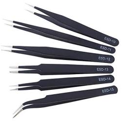 Precision Tweezer Set, 6 PCS Tweezers Kit with ESD Anti-static Stainless Steel, Curved Tweezers Set for Electronics, Craft, Jewellery, Laboratory Work and Ingrown Hair
