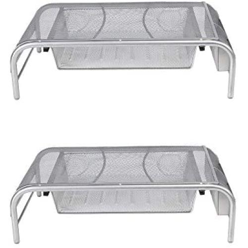 Mind Reader 2MESHMON-SIL Metal Mesh Stand and Desk Organizer with Drawer, Monitor Riser, Silver-2 Pack