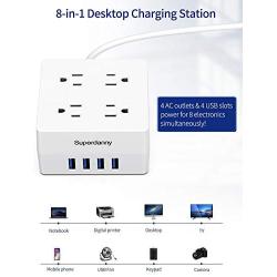 USB Power Strip Surge Protector - SUPERDANNY Mountable Charging Station with 4 Widely Spaced AC Outlets & 4 Smart USB Ports, 5ft Desktop Extension Cord for Home, Office, Hotel, Dorm Room, RV, White