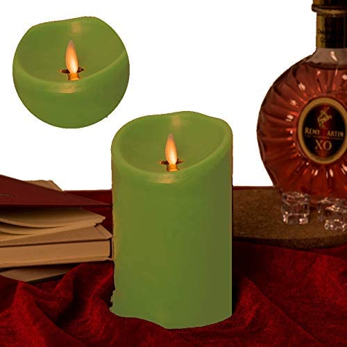 Battery Operated Real Wax Flameless Fandles 5 Inch Tall Dia 3.5'' Green Candle Decorative LED Candle Sticks with Remote & LED Candle Timer Large LED Candle Ideal for Candle Gift Basket