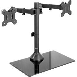 VIVO Freestanding Black Dual Monitor Stand with Sleek Glass Base and Adjustable Arms, Mounts 2 Screens up to 27 inch and 22 lbs Each, STAND-V002FG