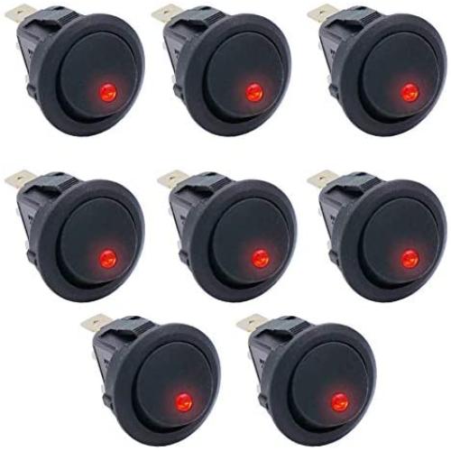 Twidec/8Pcs Round Dot Lighted Rocker Switch Toggle 20A 12V DC On/Off SPST Switch Control For Car Or Boat With Red LED Light KCD2-102N-R
