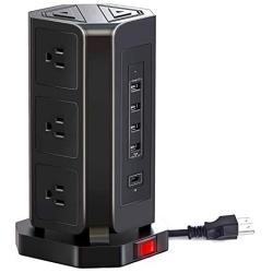 Leaflai Power Strip Tower Surge Protector, 9 AC outlets & 4 USB Ports & One Type C USB Electric Charging Station，6.5Ft Long Extension Cord（2400W / 10A） for Smartphone Tablets Home,Office, Hotel