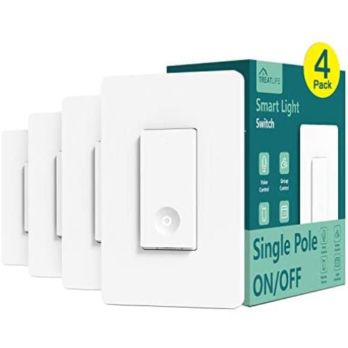Smart Switch 4 Pack, Treatlife 2.4Ghz Smart Light Switch WiFi Light Switch Single-Pole, Neutral Wire Required, Works with Alexa and Google Home, Smart Home Remote Control, FCC/ETL Listed