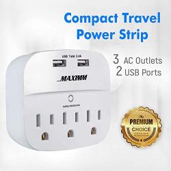 Maximm Compact Portable Travel Power Strip, USB Surge Protector, 490 Joules, 3 AC Outlets + 2 USB Charging Ports, 5V/2.4A Total, 15A 1875W Max - ETL Listed