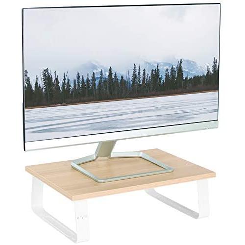 VIVO 15 inch Monitor Riser, Wood and Steel Desktop Stand, Ergonomic Desk and Tabletop Organizer, Light Wood and White, STAND-V000WS