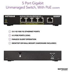 NETGEAR 5-Port Gigabit Ethernet Unmanaged PoE Switch (GS305P) - with 4 x PoE @ 55W, Desktop, Sturdy Metal Fanless Housing
