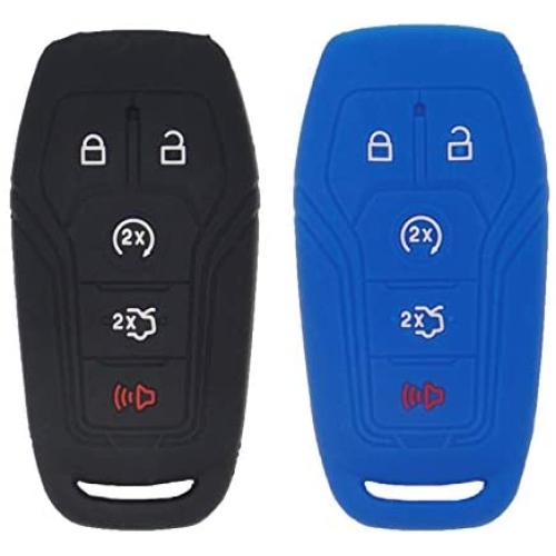 LemSa 2pcs Silicone 5 Buttons Smart Key Fob Cover Remote Keyless Entry Bag Compatible with Ford F-150 F-450 Fusion Explorer Lincoln Fusion MKZ Mustang MKC 2013-2017 Black/Blue