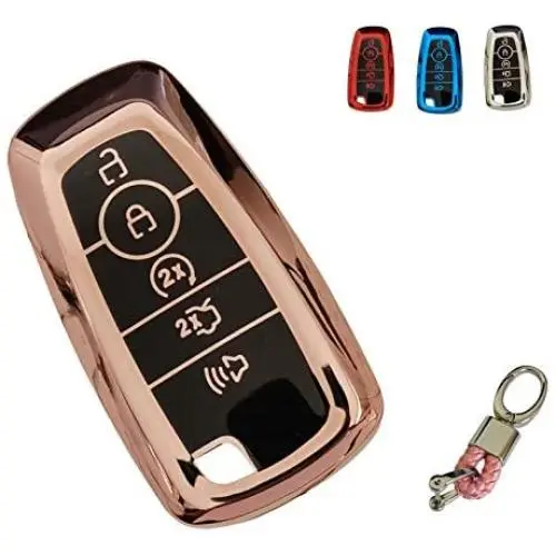 BFANG for Ford Key Fob Cover, TPU Key Fob Shell Protector Shell Keyless Remote Control Smart Key Holder with Keychain Fit for Ford Fusion Edge Explorer Escape Mustang Smart Remote Fob Key (Pink)