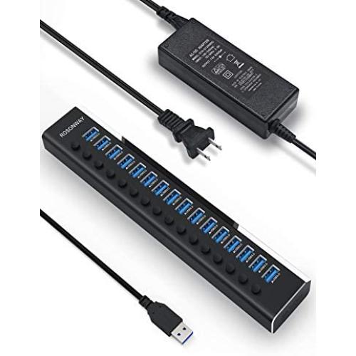 Rosonway Powered USB Hub 16 Ports 100W USB 3.0 Data Hub Aluminum USB Hub 3.0 Splitter with 12V/8.3A UL Certified Power Adapter and Individual On/Off Switches RSH-A16 (Black)