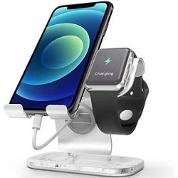 Cellphone and Apple Watch Stand, ZVEdeng Phone Apple Watch Charging Stand Station, 2 in 1 Universal Stand Holder for iPhone 12 Pro Max/12/12 Pro/12 Mini Apple Watch(38-42mm)-White Marble Leather
