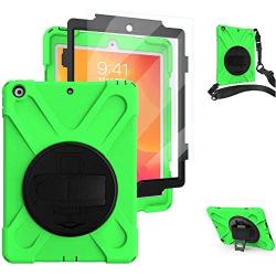 iPad 10.2 2020/2019 Case with Stand, [Built in Screen Protector] TSQ 3 Layer Heavy Duty Shockproof Hard Rugged Silicon Case with Hand Strap/Shoulder Strap for New iPad 10.2 8th/7th Generation,Green