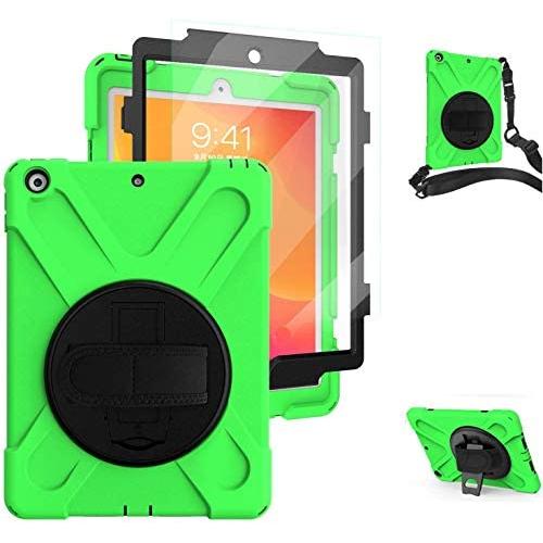 iPad 10.2 2020/2019 Case with Stand, [Built in Screen Protector] TSQ 3 Layer Heavy Duty Shockproof Hard Rugged Silicon Case with Hand Strap/Shoulder Strap for New iPad 10.2 8th/7th Generation,Green