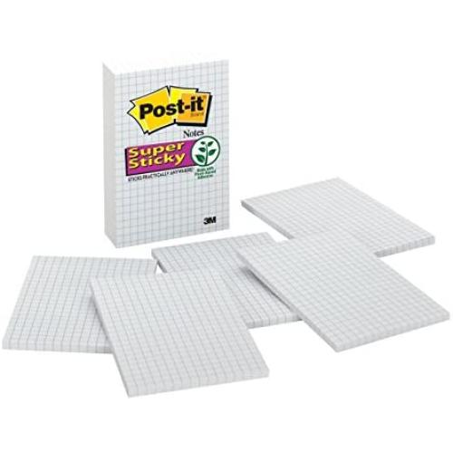 Post-it Super Sticky Notes, 4x6 in, 3 Pads, 2x the Sticking Power, White with Blue Grid Lines, Recyclable (660-SSGRID)
