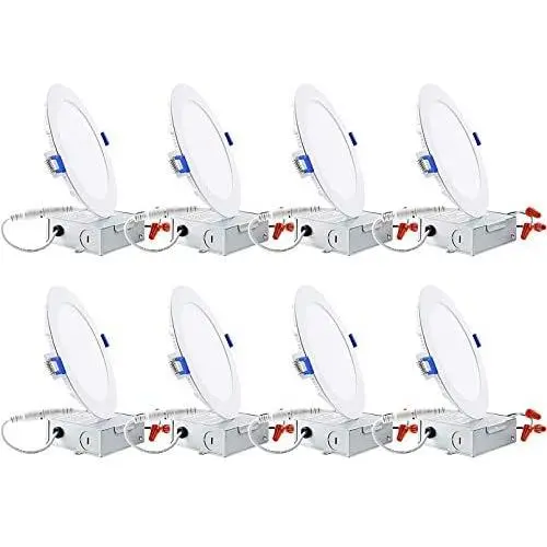 TORCHSTAR Basic Series 8-Pack 12W Recessed Lights 6 Inch with Junction Box, Dimmable Ultra Thin LED Downlight, 100W Eqv., ETL & Energy Star Listed, 4000K Cool White, 5 Years Warranty