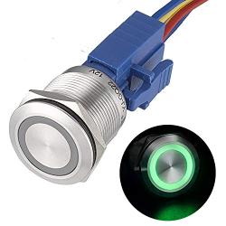APIELE 22mm Momentary Push Button Switch 12V Angel Eye LED Waterproof Stainless Steel Round Metal Self-Reset 7/8 1NO 1NC with Pigtail (Green)