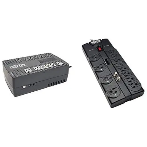 Tripp Lite AVR750U 750VA UPS Battery Backup & TLP1208TELTV 12 Outlet Surge Protector Power Strip, 8ft Cord, Right-Angle Plug, Tel/Modem/Coax Protection, RJ11, & Dollar 150,000 Insurance
