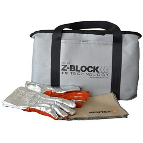 Newtex Z-Block Electronics Fire Containment Bag Kit: Includes X-Large Tote (24'' x 13'' x 5''), High Temperature Aluminized Leather Gloves, and Silica Fire Barrier Blanket, Made in The USA