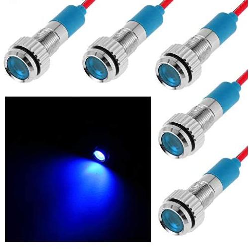 FICBOX 5Pcs LED Indicator Light 6MM 12V Metal Waterproof Signal Lamp with Wire for Car Truck Boat (Blue)