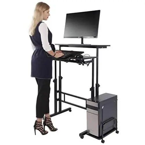 Cocoarm Stand Up Computer Desk, Height Adjustable Standing Desk Sit Stand Converter Computer Desktop Workstation, Moveable with Wheels ((Host Shelf Included))