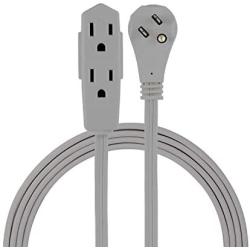 GE, Gray, Indoor Extension Cord, Extra Long 8ft Power Cable, 3 Grounded Outlets, Low-Profile Right-Angle Flat Plug, 16 Gauge, UL Listed, 43027