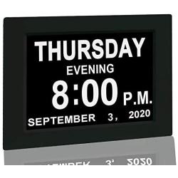 Digital Calendar Alarm Day Clock - with 8” Screen Display, am pm, 5 Alarm, for Extra Impaired Vision People, The Aged Seniors, The Dementia, Wall Mounted, black