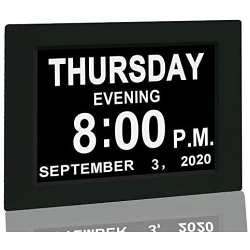 Digital Calendar Alarm Day Clock - with 8” Screen Display, am pm, 5 Alarm, for Extra Impaired Vision People, The Aged Seniors, The Dementia, Wall Mounted, black