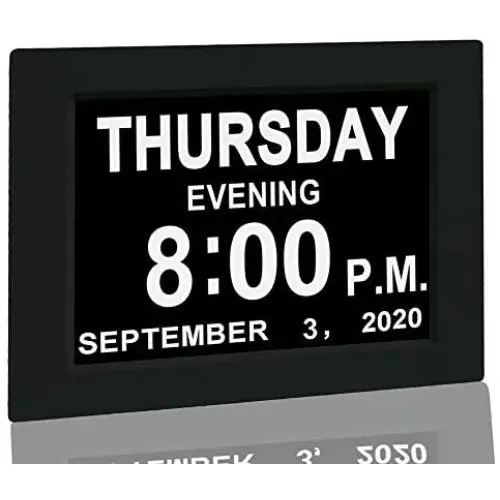 Digital Calendar Alarm Day Clock - with 8” Screen Display, am pm, 5 Alarm, for Extra Impaired Vision People, The Aged Seniors, The Dementia, Wall Mounted, black