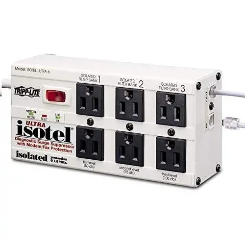 Tripp Lite Isobar 6 Outlet Surge Protector, 6ft. Cord, Right-Angle Plug, Tel/Fax/Modem, Metal, & $50,000 INSURANCE (ISOTEL6 ULTRA)