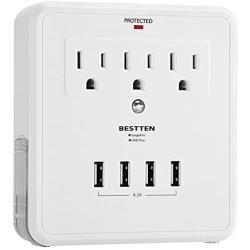 BESTTEN USB Outlet Surge Protector, 4 USB (Max 4.2A) Charging Ports and 3 AC Electrical Sockets, Wall Mount Multi Outlet Extender with 2 Slide Out Phone Holders, ETL Certified, White