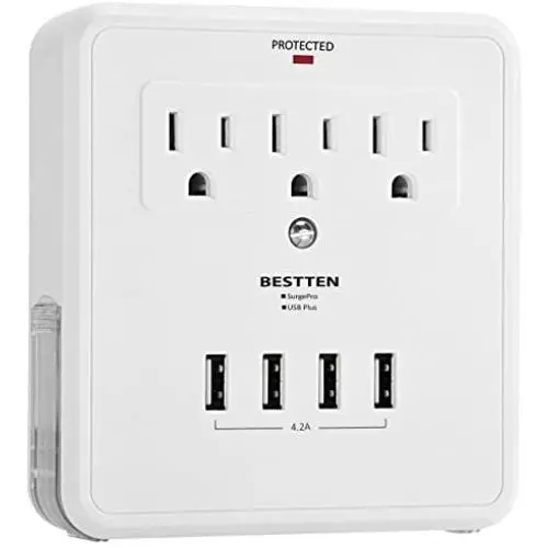 BESTTEN USB Outlet Surge Protector, 4 USB (Max 4.2A) Charging Ports and 3 AC Electrical Sockets, Wall Mount Multi Outlet Extender with 2 Slide Out Phone Holders, ETL Certified, White