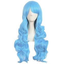 MapofBeauty 28 Inch/70cm Charming Women Side Bangs Long Curly Full Hair Synthetic Wig (Sky Blue)