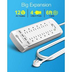 Surge Protector with USB (4360 Joules), Witeem 12 Outlets Power Strip and 4 USB Charging Ports (5V/3.4A), Flat Plug, 1875W/15A, 6 Feet Heavy Duty Extension Cord, ETL Listed, White