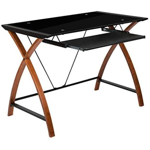 Flash Furniture Black Glass Computer Desk with Pull-Out Keyboard Tray and Crisscross Frame