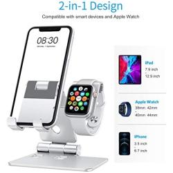 Foldable Apple Watch Stand - OMOTON Portable Aluminum 2 in 1 Charging Stand Holder Dock for Nightstand, Designed for Apple Watch, Compatible with All iPhone and Android Phones, Silver